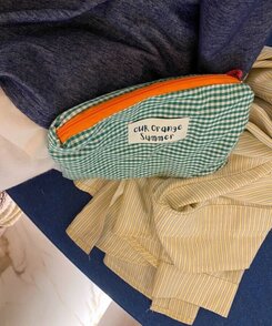 ファッション雑貨 チェックパターンファブリック化粧ポーチ GREEN