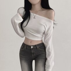 アンバランスオフショルダークロッ長袖プTシャツ5色 WHITE