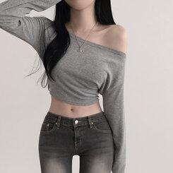 アンバランスオフショルダークロッ長袖プTシャツ5色 GRAY