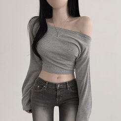 アンバランスオフショルダークロッ長袖プTシャツ5色 GRAY