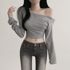 アンバランスオフショルダークロッ長袖プTシャツ5色 GRAY