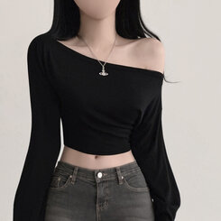 アンバランスオフショルダークロッ長袖プTシャツ5色 BLACK