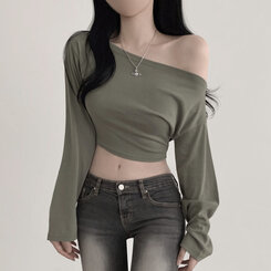 アンバランスオフショルダークロッ長袖プTシャツ5色 LIGHT KHAKI