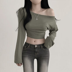 アンバランスオフショルダークロッ長袖プTシャツ5色 LIGHT KHAKI