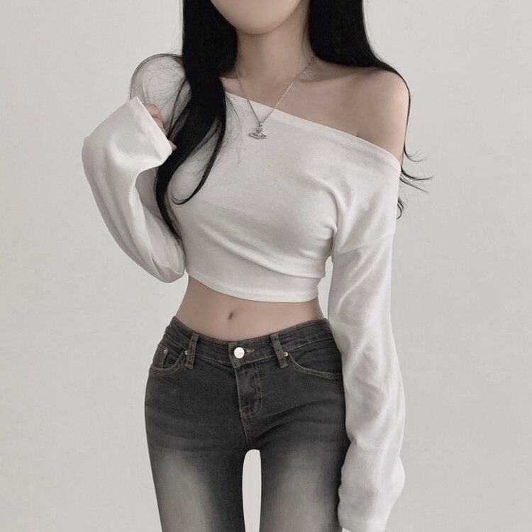 アンバランスオフショルダークロッ長袖プTシャツ5色 WHITE