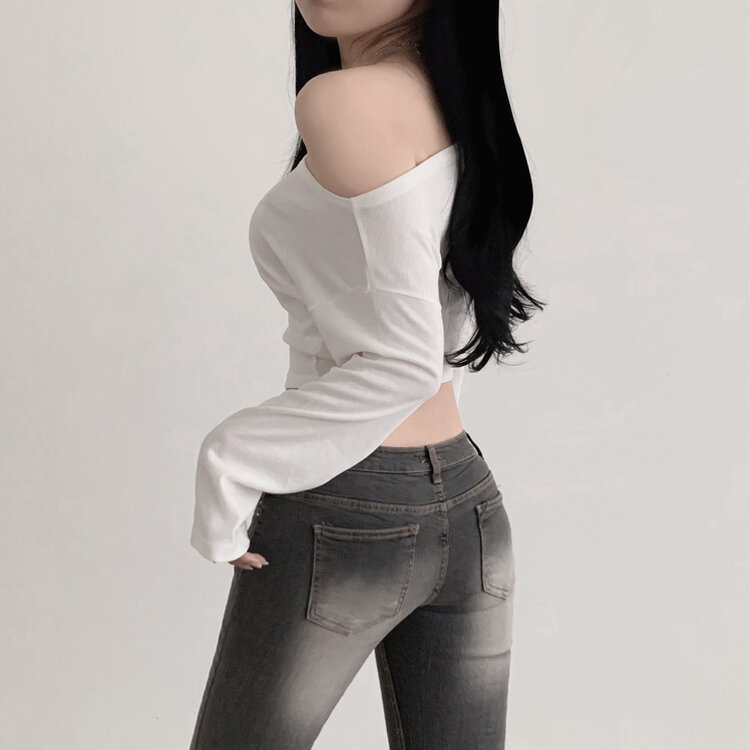 アンバランスオフショルダークロッ長袖プTシャツ5色 WHITE