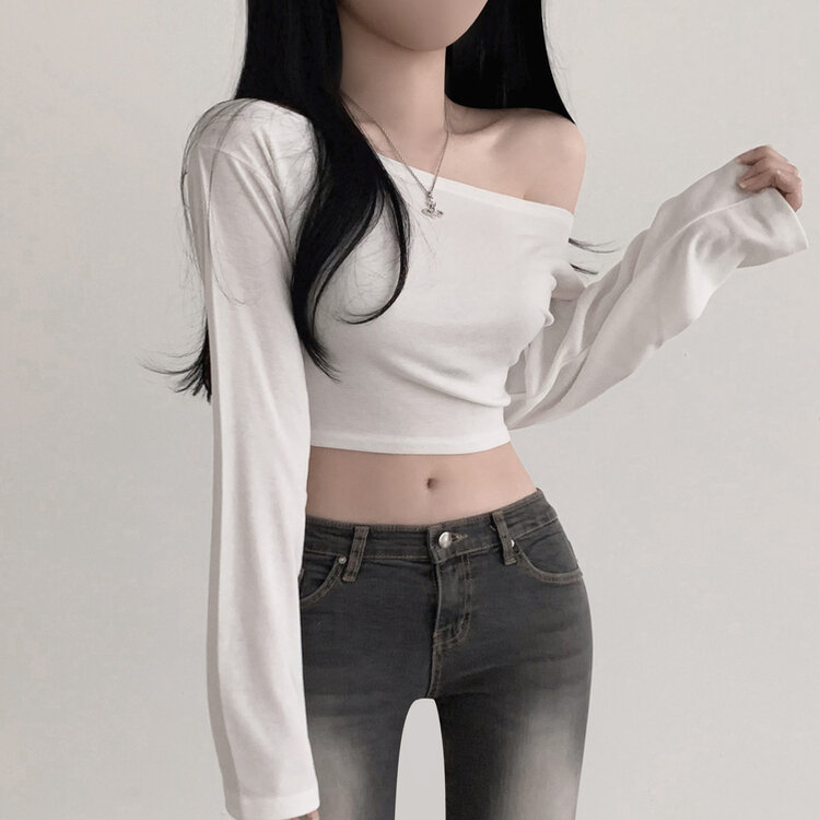 アンバランスオフショルダークロッ長袖プTシャツ5色 WHITE