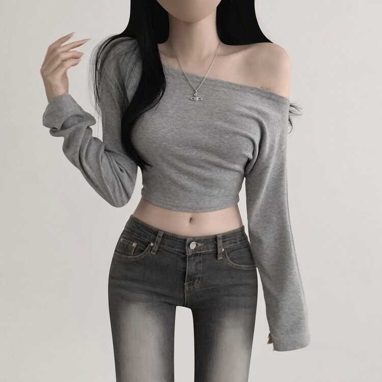 アンバランスオフショルダークロッ長袖プTシャツ5色 GRAY