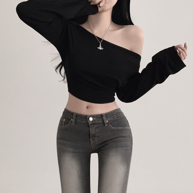 アンバランスオフショルダークロッ長袖プTシャツ5色 BLACK