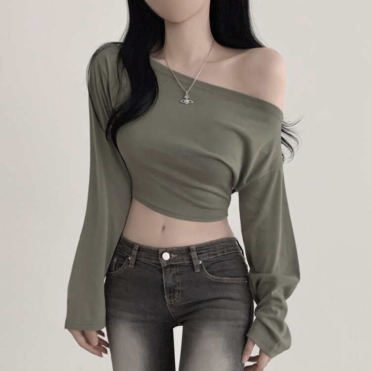 アンバランスオフショルダークロッ長袖プTシャツ5色 LIGHT KHAKI