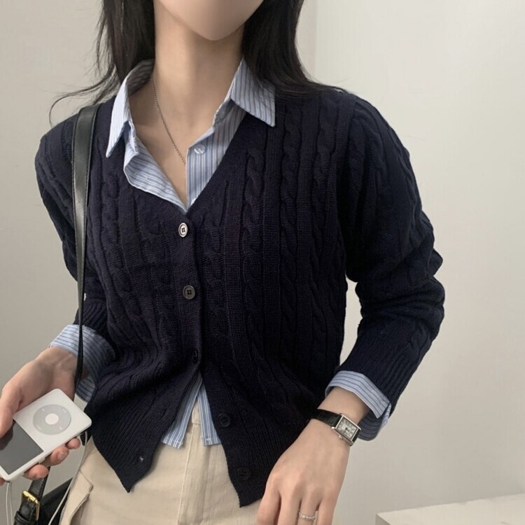 인텐셜 케이블 꽈배기 데일리 크롭 니트 가디건 6color 네이비