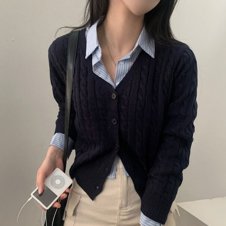 인텐셜 케이블 꽈배기 데일리 크롭 니트 가디건 6color 네이비