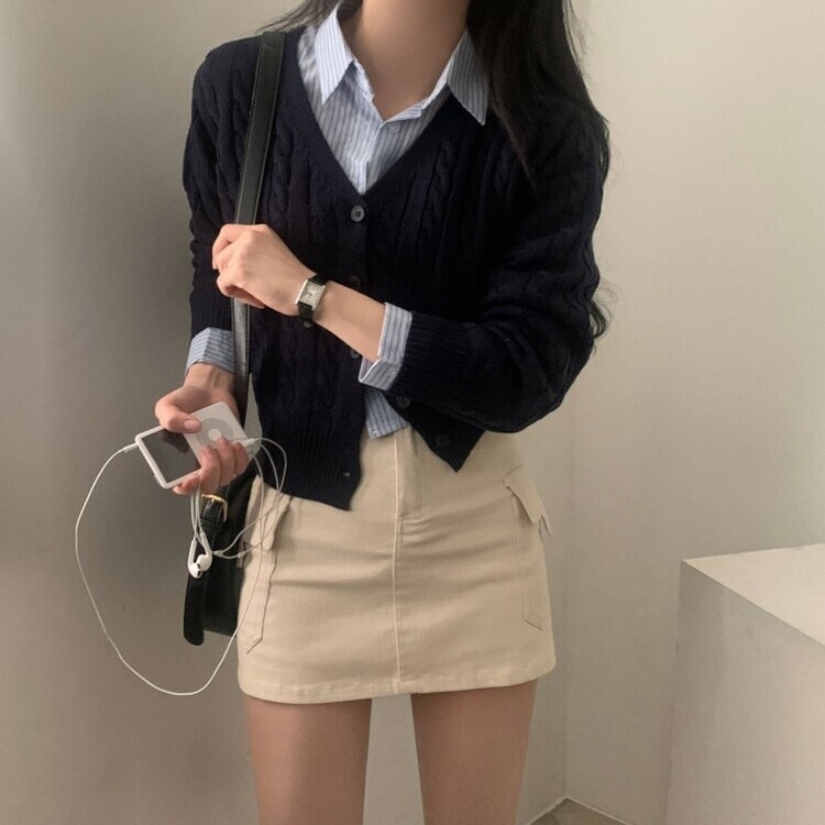 인텐셜 케이블 꽈배기 데일리 크롭 니트 가디건 6color 네이비