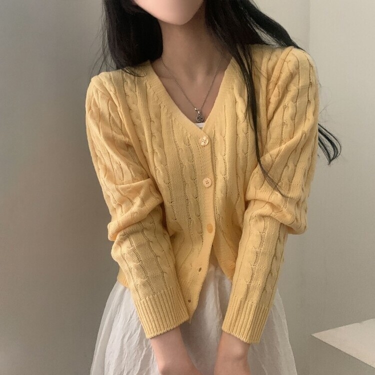 인텐셜 케이블 꽈배기 데일리 크롭 니트 가디건 6color 옐로우