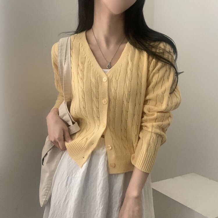 인텐셜 케이블 꽈배기 데일리 크롭 니트 가디건 6color 옐로우