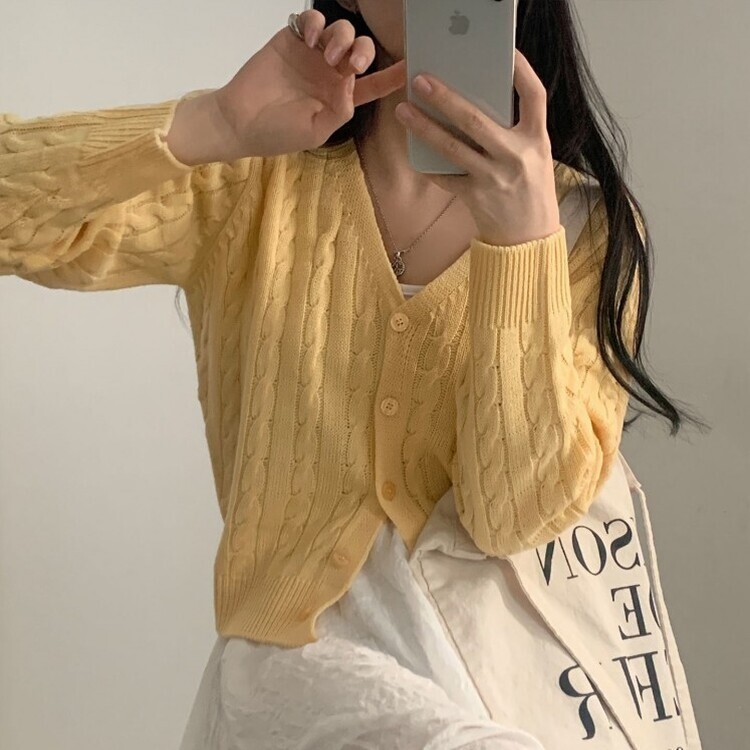 인텐셜 케이블 꽈배기 데일리 크롭 니트 가디건 6color 옐로우