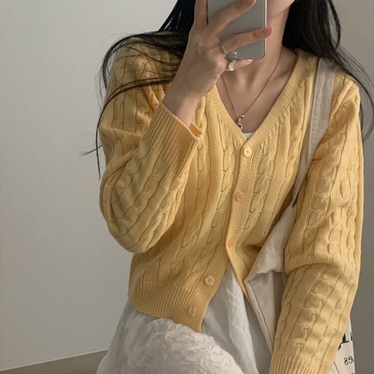 인텐셜 케이블 꽈배기 데일리 크롭 니트 가디건 6color 옐로우