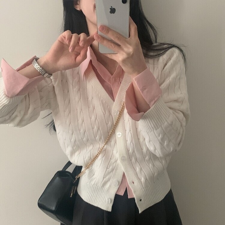 인텐셜 케이블 꽈배기 데일리 크롭 니트 가디건 6color 아이보리