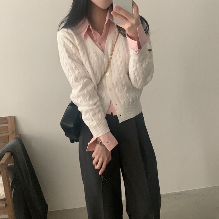 인텐셜 케이블 꽈배기 데일리 크롭 니트 가디건 6color 아이보리