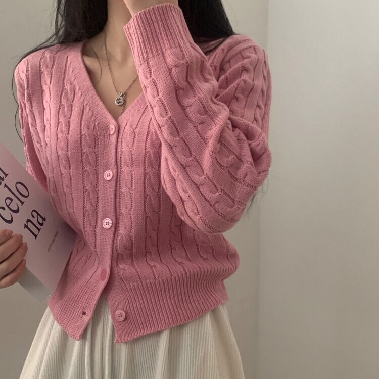 인텐셜 케이블 꽈배기 데일리 크롭 니트 가디건 6color 핑크