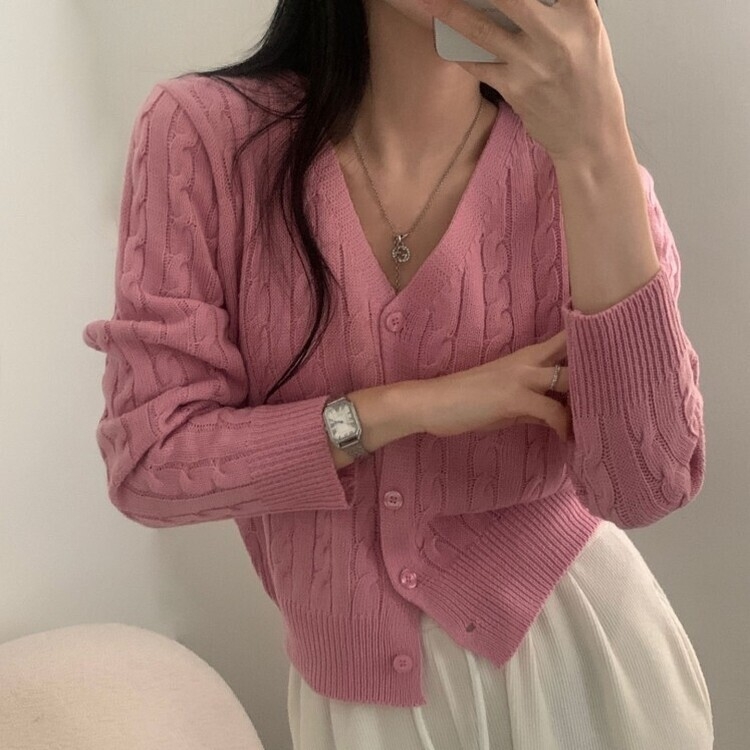 인텐셜 케이블 꽈배기 데일리 크롭 니트 가디건 6color 핑크