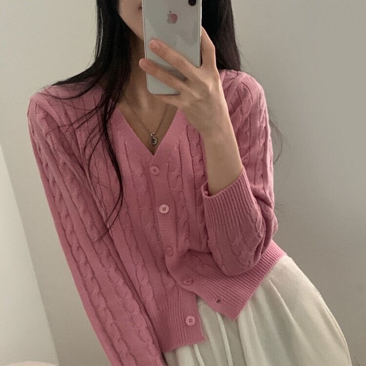 인텐셜 케이블 꽈배기 데일리 크롭 니트 가디건 6color 핑크