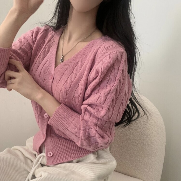 인텐셜 케이블 꽈배기 데일리 크롭 니트 가디건 6color 핑크