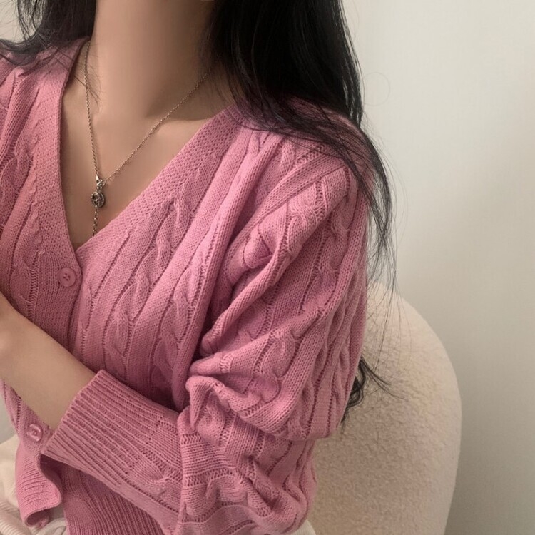 인텐셜 케이블 꽈배기 데일리 크롭 니트 가디건 6color 핑크