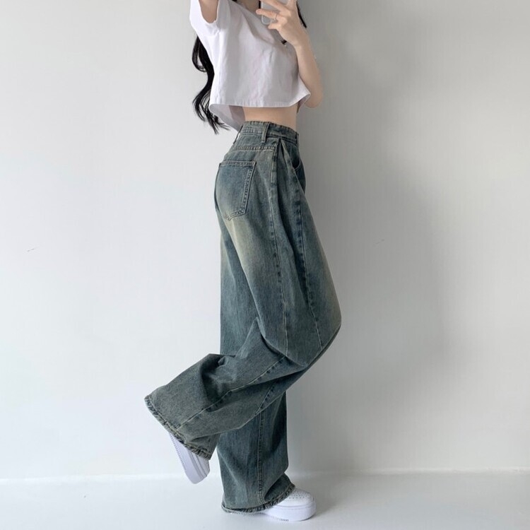 색감맛집 카시오 빈티지 워싱 사이드 핀턱 하이웨스트 롱 로우 와이드 데님 팬츠 바지 청바지 키작녀 키큰녀 빅사이즈 중청