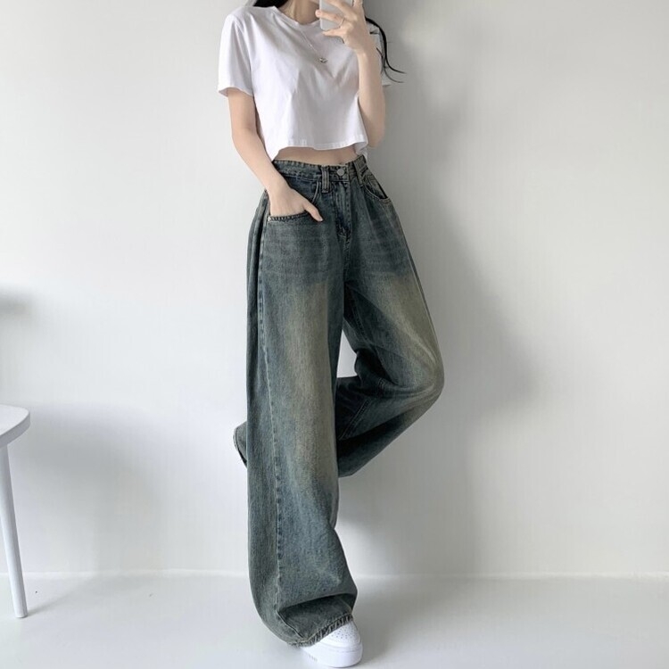 색감맛집 카시오 빈티지 워싱 사이드 핀턱 하이웨스트 롱 로우 와이드 데님 팬츠 바지 청바지 키작녀 키큰녀 빅사이즈 중청