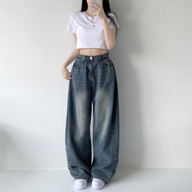 색감맛집 카시오 빈티지 워싱 사이드 핀턱 하이웨스트 롱 로우 와이드 데님 팬츠 바지 청바지 키작녀 키큰녀 빅사이즈 진청