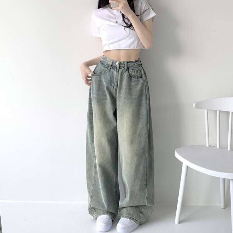 색감맛집 카시오 빈티지 워싱 사이드 핀턱 하이웨스트 롱 로우 와이드 데님 팬츠 바지 청바지 키작녀 키큰녀 빅사이즈 옐로우틴