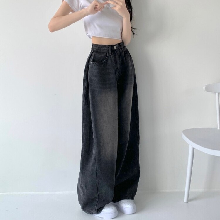 색감맛집 카시오 빈티지 워싱 사이드 핀턱 하이웨스트 롱 로우 와이드 데님 팬츠 바지 청바지 키작녀 키큰녀 빅사이즈 블랙