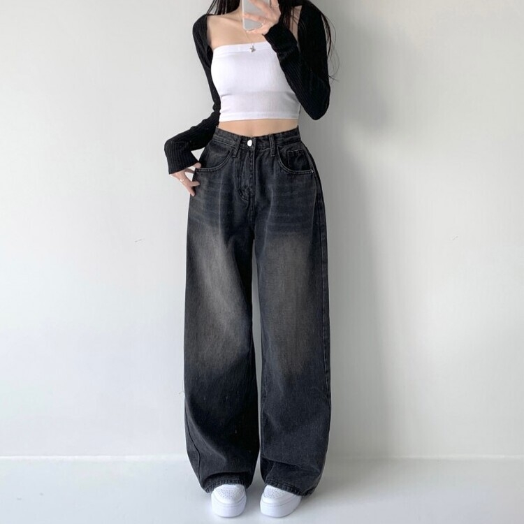 색감맛집 카시오 빈티지 워싱 사이드 핀턱 하이웨스트 롱 로우 와이드 데님 팬츠 바지 청바지 키작녀 키큰녀 빅사이즈 블랙