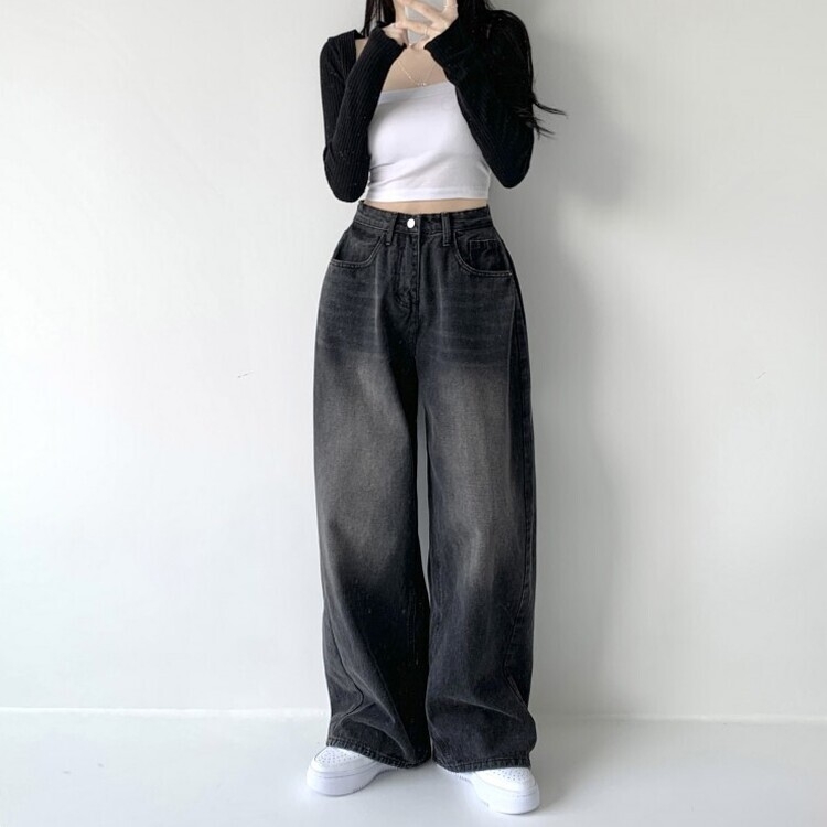 색감맛집 카시오 빈티지 워싱 사이드 핀턱 하이웨스트 롱 로우 와이드 데님 팬츠 바지 청바지 키작녀 키큰녀 빅사이즈 블랙
