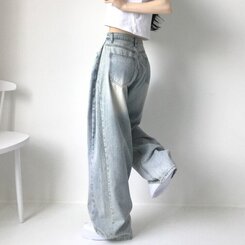 색감맛집 카시오 빈티지 워싱 사이드 핀턱 하이웨스트 롱 로우 와이드 데님 팬츠 바지 청바지 키작녀 키큰녀 빅사이즈 연청