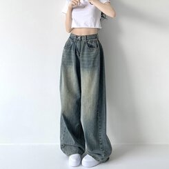 색감맛집 카시오 빈티지 워싱 사이드 핀턱 하이웨스트 롱 로우 와이드 데님 팬츠 바지 청바지 키작녀 키큰녀 빅사이즈 중청