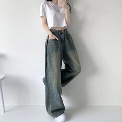 색감맛집 카시오 빈티지 워싱 사이드 핀턱 하이웨스트 롱 로우 와이드 데님 팬츠 바지 청바지 키작녀 키큰녀 빅사이즈 중청