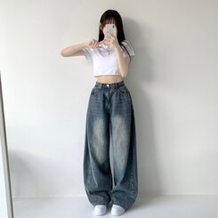 색감맛집 카시오 빈티지 워싱 사이드 핀턱 하이웨스트 롱 로우 와이드 데님 팬츠 바지 청바지 키작녀 키큰녀 빅사이즈 진청