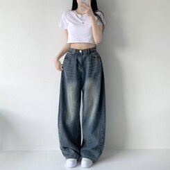 색감맛집 카시오 빈티지 워싱 사이드 핀턱 하이웨스트 롱 로우 와이드 데님 팬츠 바지 청바지 키작녀 키큰녀 빅사이즈 진청