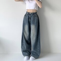 색감맛집 카시오 빈티지 워싱 사이드 핀턱 하이웨스트 롱 로우 와이드 데님 팬츠 바지 청바지 키작녀 키큰녀 빅사이즈 진청