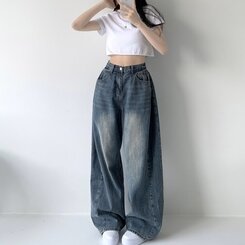 색감맛집 카시오 빈티지 워싱 사이드 핀턱 하이웨스트 롱 로우 와이드 데님 팬츠 바지 청바지 키작녀 키큰녀 빅사이즈 진청