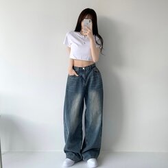 색감맛집 카시오 빈티지 워싱 사이드 핀턱 하이웨스트 롱 로우 와이드 데님 팬츠 바지 청바지 키작녀 키큰녀 빅사이즈 진청