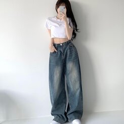 색감맛집 카시오 빈티지 워싱 사이드 핀턱 하이웨스트 롱 로우 와이드 데님 팬츠 바지 청바지 키작녀 키큰녀 빅사이즈 진청