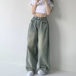 색감맛집 카시오 빈티지 워싱 사이드 핀턱 하이웨스트 롱 로우 와이드 데님 팬츠 바지 청바지 키작녀 키큰녀 빅사이즈 옐로우틴