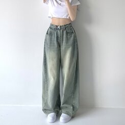 색감맛집 카시오 빈티지 워싱 사이드 핀턱 하이웨스트 롱 로우 와이드 데님 팬츠 바지 청바지 키작녀 키큰녀 빅사이즈 옐로우틴