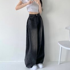 색감맛집 카시오 빈티지 워싱 사이드 핀턱 하이웨스트 롱 로우 와이드 데님 팬츠 바지 청바지 키작녀 키큰녀 빅사이즈 블랙