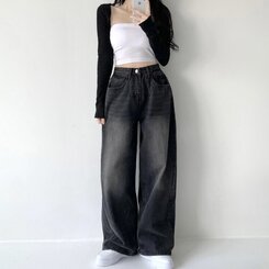 색감맛집 카시오 빈티지 워싱 사이드 핀턱 하이웨스트 롱 로우 와이드 데님 팬츠 바지 청바지 키작녀 키큰녀 빅사이즈 블랙