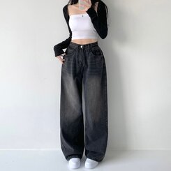 색감맛집 카시오 빈티지 워싱 사이드 핀턱 하이웨스트 롱 로우 와이드 데님 팬츠 바지 청바지 키작녀 키큰녀 빅사이즈 블랙