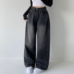 색감맛집 카시오 빈티지 워싱 사이드 핀턱 하이웨스트 롱 로우 와이드 데님 팬츠 바지 청바지 키작녀 키큰녀 빅사이즈 블랙
